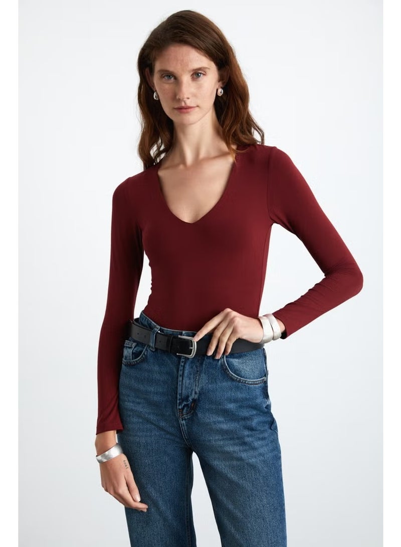 GRIMELANGE Leıdy Deep V Neck Long Sleeve Viscose Burgundy Blouse - Image 2